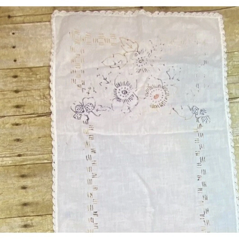 Hand Stitch Table Runner Flower Yellow Brown‎ Floral 40x30